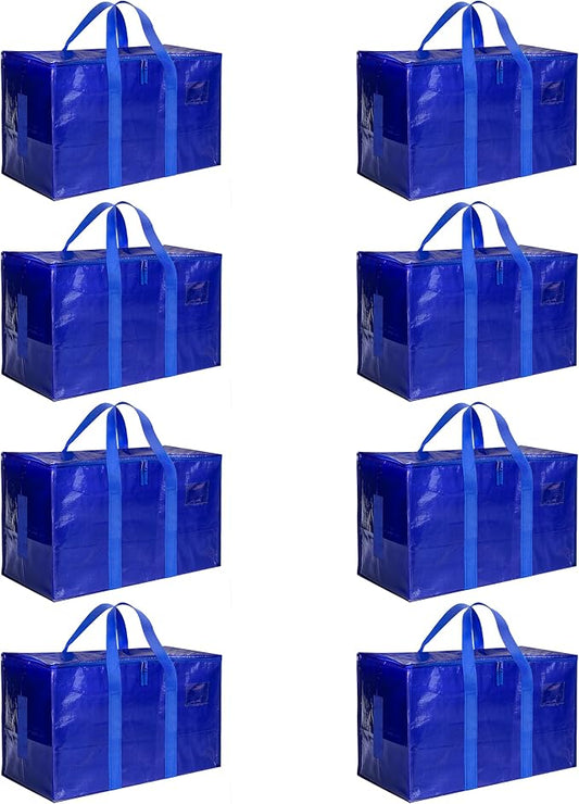 HealSmart 8 Pack Large Moving Bags with Zippers & Handles, Moving Supplies with lids, Heavy Duty Totes for Space Saving, Fold Flat, Moving and Storing, Blue