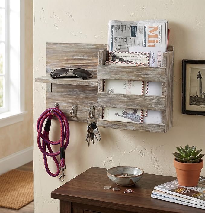 Rustic Wooden Wall-Mounted Key Hooks Holder & Mail Sorter | Farmhouse Decor | 3 Metal Hooks & Small Shelf | Natural Torched Wood | Easy Installation