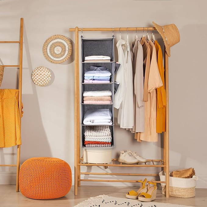 BOOMIBOO Hanging Closet Organize and Shelves，5-Hanging Shelf with 2 Side Pockets，Storage Foldable （Blue）
