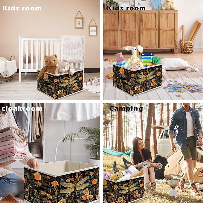 William Morris-style Vintage Dark Cottagecore Floral Dragonfly Storage Bin Box with Handles,Rustic Flower Dragonfly Foldable Organizer Basket Toybox for Girl Dorm Bedroom Bath Clothes Toys Books