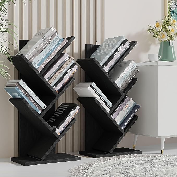 YMYNY 4 Tier Tree Bookshelf, Small Bookcase, Modern Wood Book Storage Rack, Freestanding Book Shelf for Books/Movies/CDs, Narrow Display Rack for Living Room, Home Office, Black UHBC014B