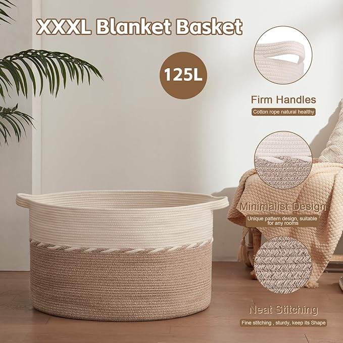 OIAHOMY 125L Extra Large Blanket Basket, 25" x 16", Jumbo Laundry Hamper, Cotton Rope Basket with Handles for Living Room,Baby Toy Storage Bins, Brown
