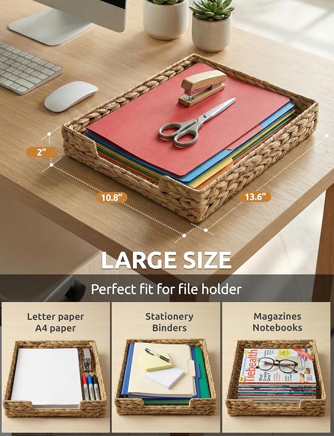 Demigo Water Hyacinth File Folder Holder - Desk Organizer for Letter Paper, Mail, A4 File - Sturdy Woven Letter Tray, Paper Basket with Metal Frame, Office Decor & Magazine Sorter