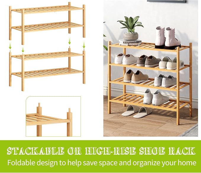 BMOSU 2-Tier Bamboo Shoe Rack Premium Stackable Shoe Shelf Storage Organizer for Hallway Closet Living Room Entryway Organizer (Natural Bamboo)