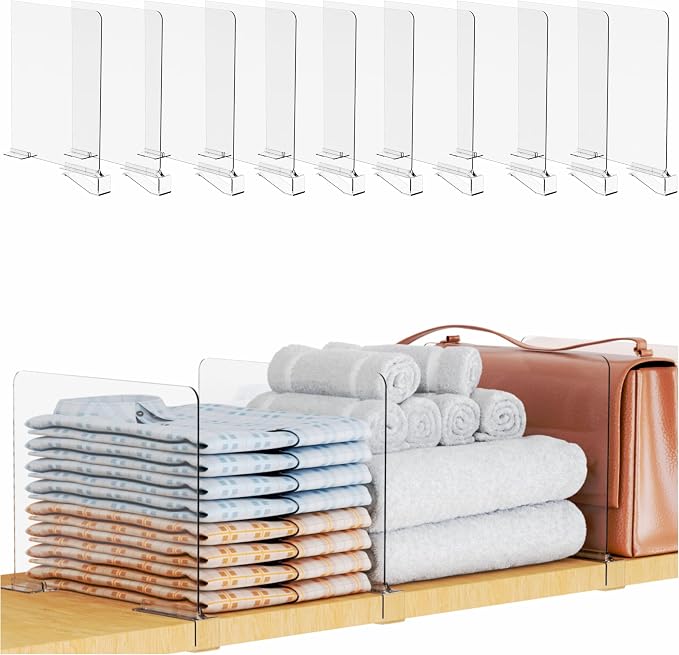 Yieach Adjustable Height Clear Shelf Dividers,10 Pack Acrylic Closet Shelf Dividers for Organization,11.1 Inch Tall Vertical Plastic Shelf Separators for Towel,Sweater,Towel Organizers and Bookshelf