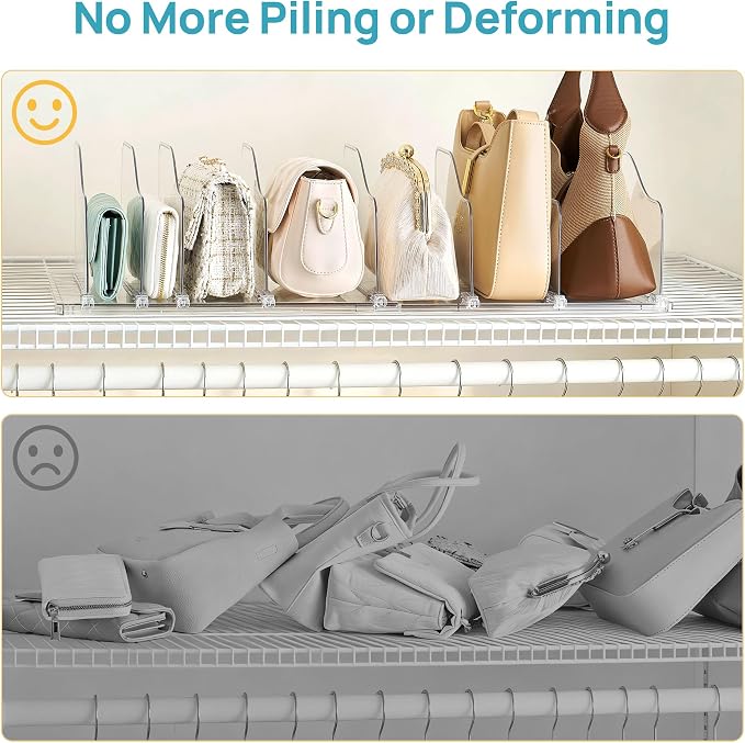 Vtopmart Free-Adjustable Purse Organizer for Closet with 1 Extendable Base & 8 Slide-Freely Dividers, Fits Different Bag Sizes & Closet Shelf, Customizable Spacing Shelf Dividers for Handbags, Wallets