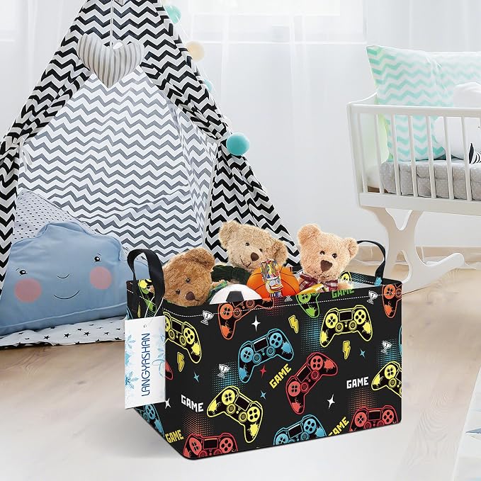 Rectangular Collapsible Game Storage Basket Nursery Toy Organizer | Storage Bin Foldable Canvas with Handles for Organizing Home Kitchen Children Toys Office Closet Shelf Baskets