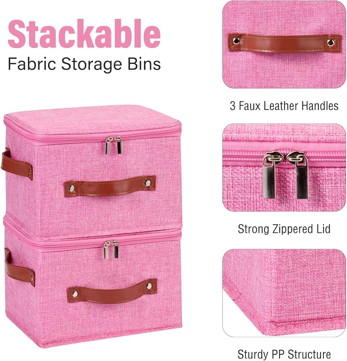 3PCS Storage Bins Boxes with Zippered Lids Cotton Linen Fabric Decorative Basket PU Leather Handles PP Plastic Board Foldable Lidded Clothing Shelf Closet Organizer Container (Pink, Small)