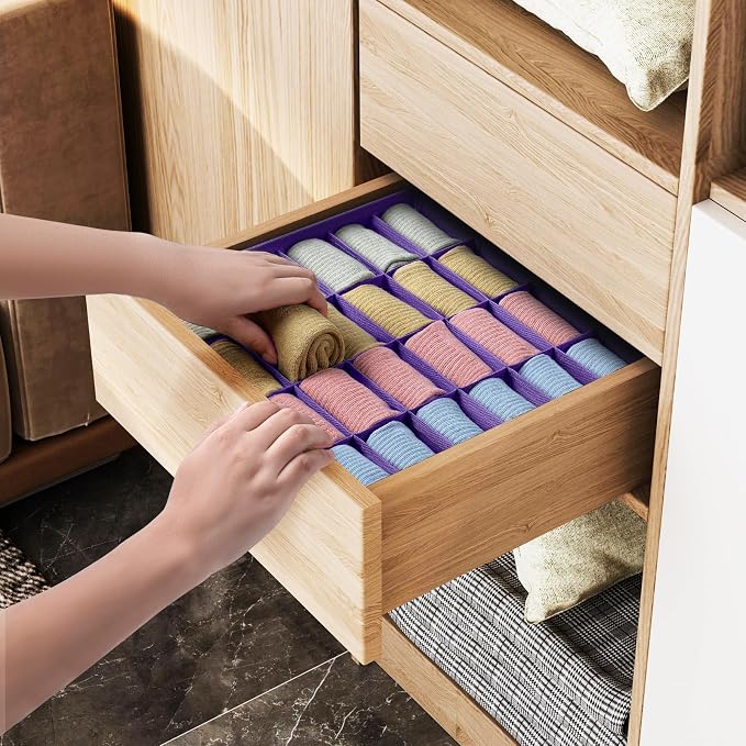 joyoldelf Sock Drawer Organizer Divider 4 Packs Underwear Organizer, 24 Cell Closet Organizers and Storage Organizer Sock Holders Organizers for Storing Socks, Handkerchiefs, Ties, Belts (Purple)
