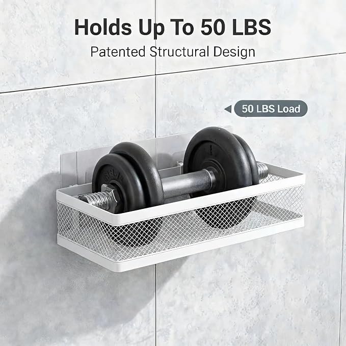 PUSDON Mesh Shower Caddy Wall Mount, Heavy Duty Adhesive Bathroom Shelf Organizer, Rustproof Floating Spice Rack for Kitchen Pantry, Holds 50 LBS, Multi-Purpose Storage White-2 Packs (Netting)