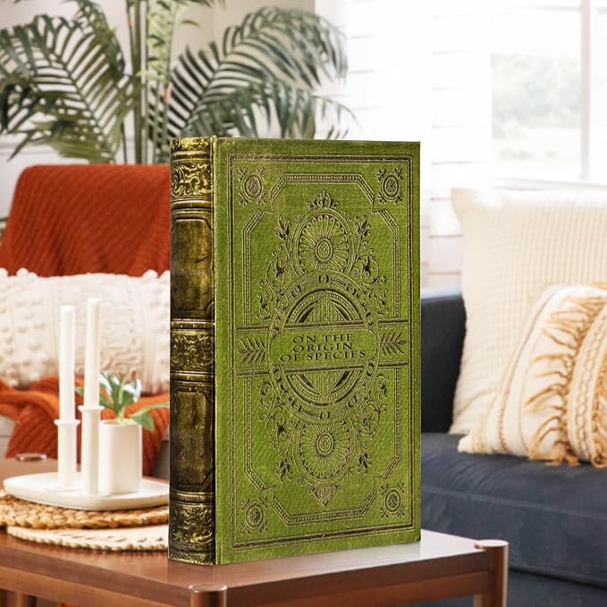 Vintage Style Olive Green Faux Leather Embossed Book Box - Decorative Storage Box 3-03