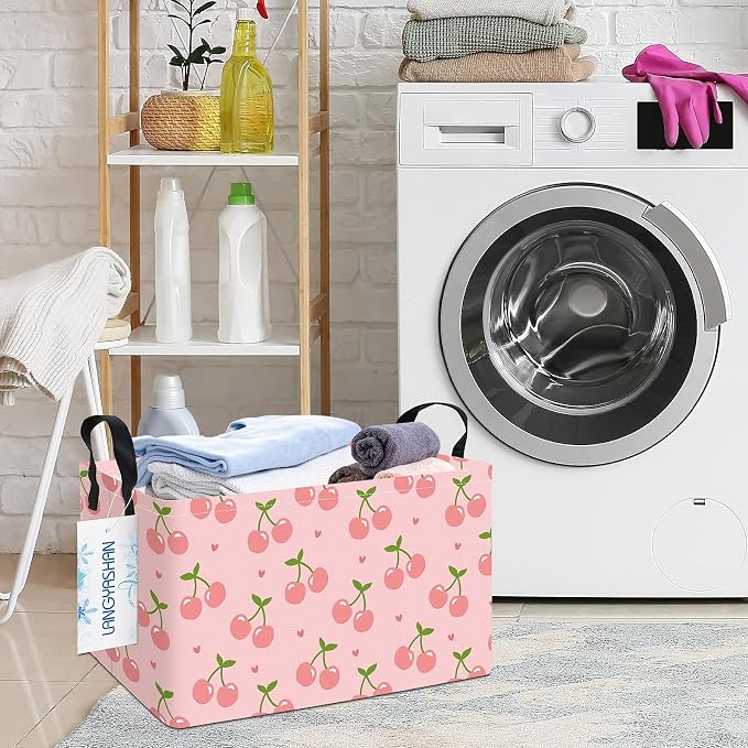 Rectangular Collapsible Pink Cherry Storage Basket Nursery Toy Organizer | Storage Bin Foldable Canvas with Handles for Organizing Home Kitchen Children Toys Office Closet Shelf Baskets
