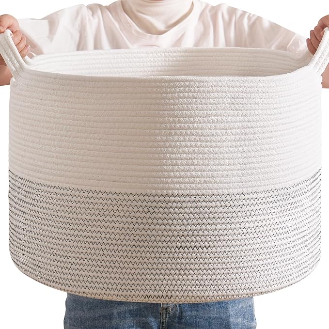 CLHMILY&Z Large Storage Basket - 20x13 Inches - Blanket Basket for Living Room, Woven Storage Basket, Large Laundry Basket for Clothes, for Tree Plant, Mix White