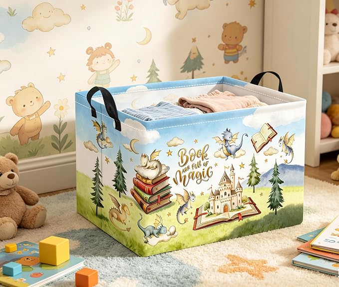 Rectangular Baby Kids Storage Basket for Home Kitchen Girls Cute Toy Storage Bin Organizer Shelf Book Room Decor(Magic Dinosaur)