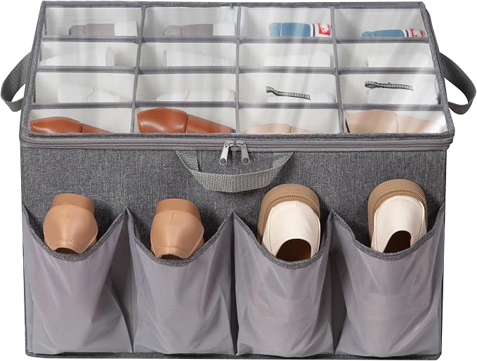 Fabric Shoe Organizer for Closet, Fits up to 24 Pairs, Foldable Shoe Storage Bin Containers with Adjustable Dividers and Clear Cover, Grey, 1 Pack