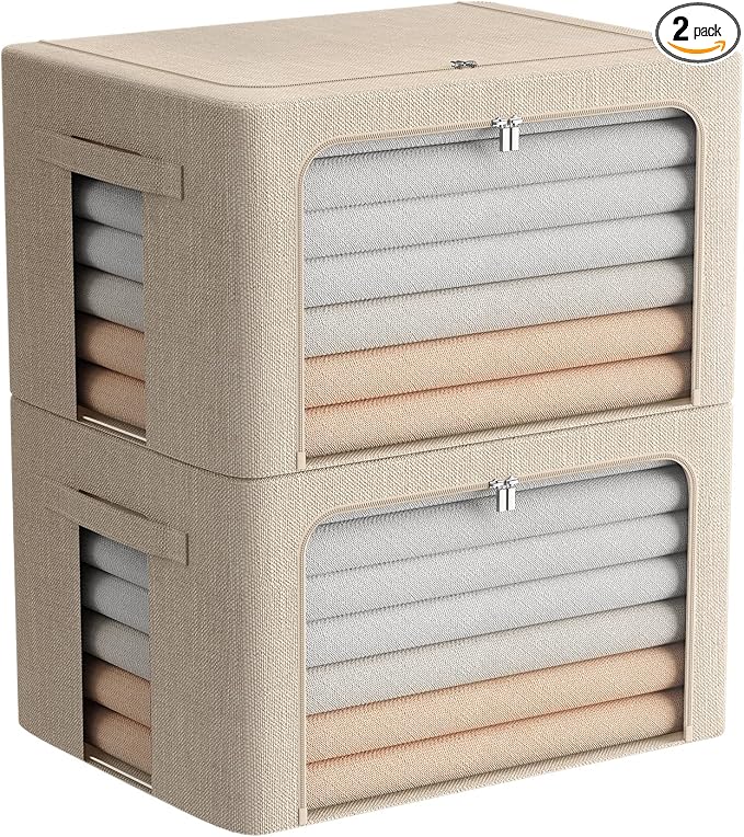 FHSQX 2 Pack Clear Window Storage Bins Foldable Fabric Storage Bins Boxes for Clothes Stackable Box Organizer Set with Carrying Handles (Beige, 22L,15.7x 11.8x 7.8 Inch)