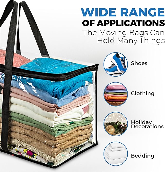 VitalUp 4 Pack Clear Large Moving Bags, Heavy Duty Storage Bags, College Totes, Storage Bins, for Organizing Blankets, Clothing for College, Dorm, Packing, Durable with Zipper and Handle 25x14x12