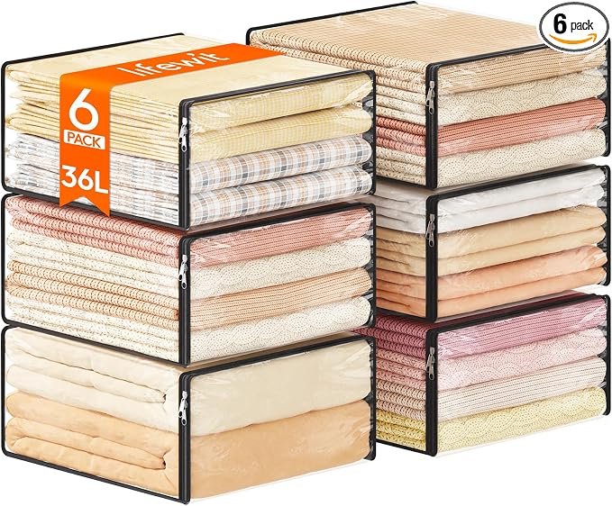 Lifewit 36L Clear Sheet Storage Bags with Zipper 6 Pack, Plastic Sweater Storage Bins for Clothing, Vinyl Foldable Clothes Containers Organizers for Closet, Blankets, Bedding 17.7 x 15.7 x 7.9 Inch