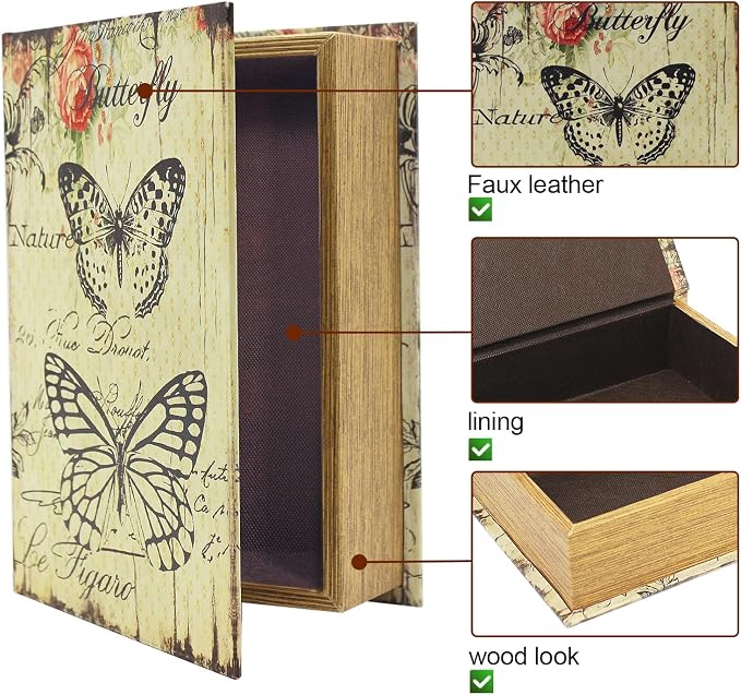 PACOLO Decorative Book Boxes, Faux Wood cover Storage for Hidden Jewelry, Money, and Cash (Butterfly)
