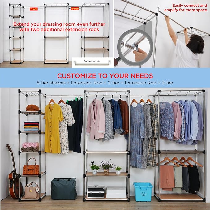 Letusto Premium Stainless Steel Freestanding Closet Organizer System - Easy Assembly, Durable, and Versatile - Heavy Duty Adjustable Portable Wardrobe Clothing Rack (2 Tier)