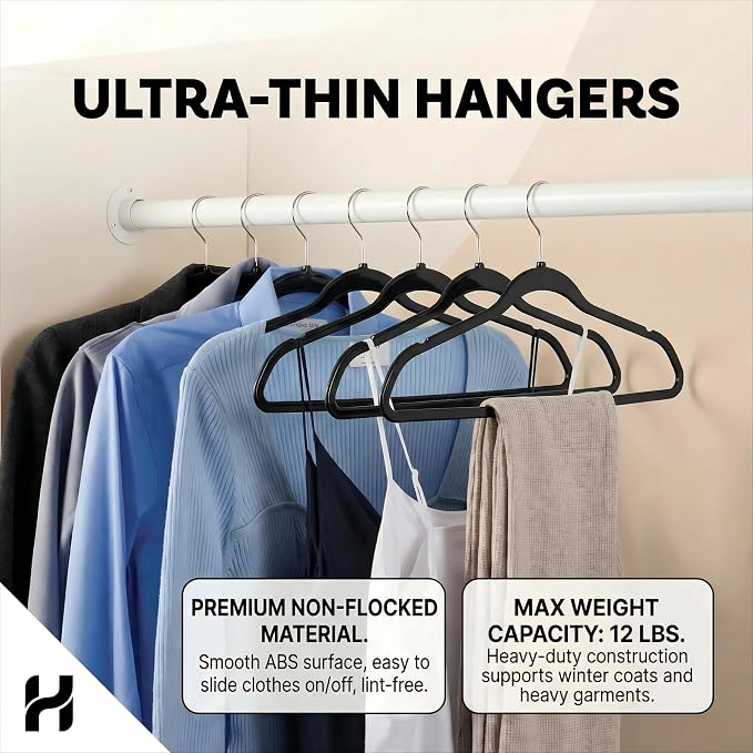HOUSE DAY Black Plastic Hangers 60 Pack, Ultra-Thin Heavy Duty Non-Velvet | Hangers with 360° Swivel Hook & Non Slip Notches - Slim Space Saving Clothes Hangers Ideal for Dresses Coats Shirts Jackets