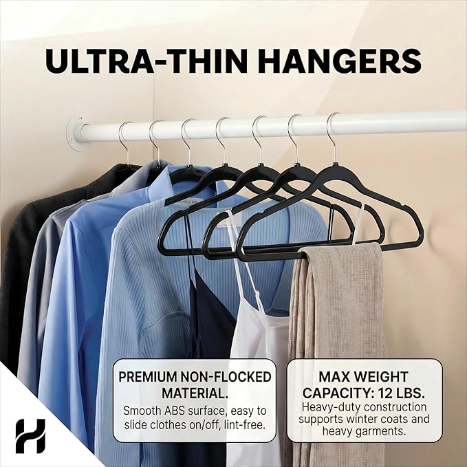 HOUSE DAY Black Plastic Hangers 20 Pack - Ultra-Thin Heavy Duty Non-Velvet | Hangers with 360° Swivel Hook & Non Slip Notches - Slim Space Saving Clothes Hangers Ideal for Dresses Coats Shirts Jackets