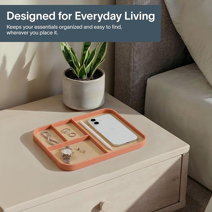 Nordik Leather Valet Tray - Coral Blush Pink - 9.5 x 7.9 Inch Medium Vegan Leather Tray - Stylish Nightstand Organizer for Men - Modern Bedside Caddy - EDC Catchall for Key Watch Wallet Jewellery