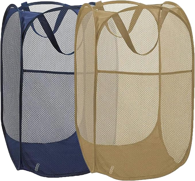 2 Pack Collapsible Pop Up Laundry Hamper, Large Capacity Mesh Laundry Basket Space Saving for Apartments, College Student Dorms, Apartment (Beige+Blue)