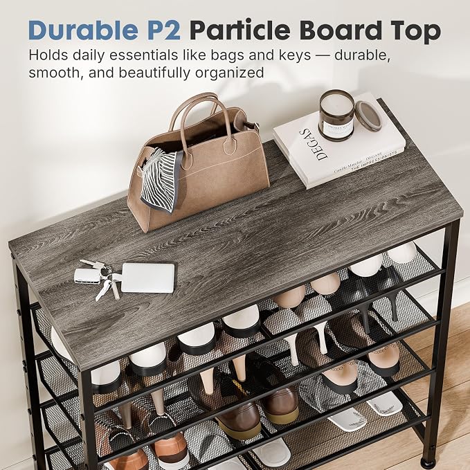 DUMOS 5-Tier Shoe Rack, Mesh Shelves & Wooden Top, Holds 20 Pairs, Grey Oak | Adjustable shelves lay flat or angled, metal frame with leveling feet, fits entryways & closets, grey oak finish