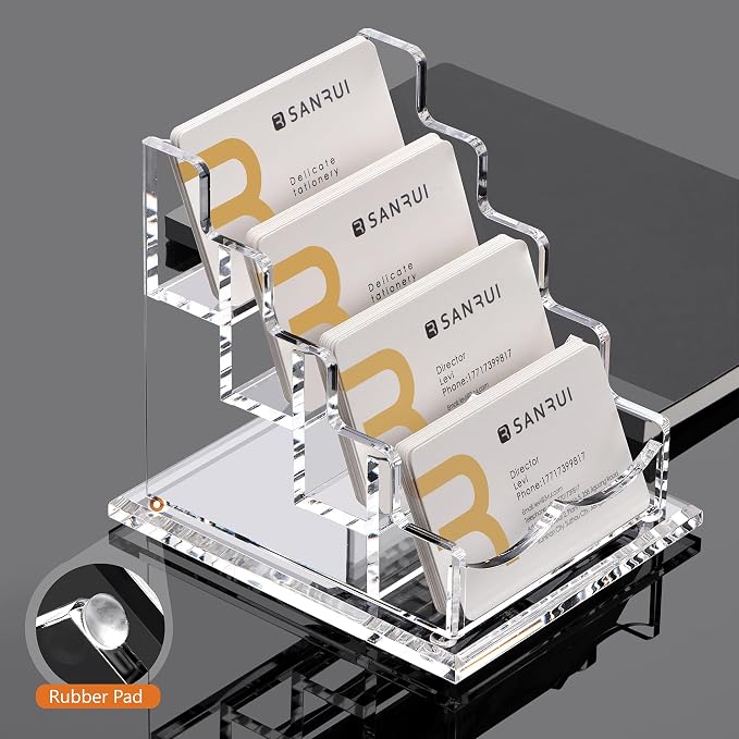 SANRUI Clear Acrylic Business Card Holder for Desk Display Stand Holders Organizer Rack, 4 Tier 4 Pocket, Holds 200 cards