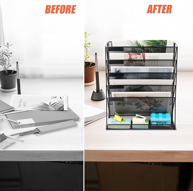 EASEPRES 5+1 Tier Mesh Desk File Organizer, Hanging Wall Mount Document Organization Stand, Desktop Vertical Mail Paper Folder Holder Rack with Bottom Tray for Office Home Cubicle, Black