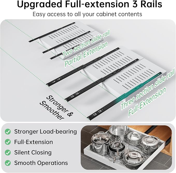 Pull out Cabinet Organizer, 2 pack, 20.5" Deep Heavy Slide out Drawers, Upgrade Three triple-slide Rail Systems, Expandable 12.8"-20.8" Roll out Shelf Storage for Kitchen Base Cabinet Organization