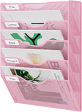 EasyPAG Wall File Organizer 5 Tier Hanging Paper Folder Holder, Zero Assembly Metal Mesh Wall Mounted Mail Organizer for Office Home Classroom Narrow Spaces, Pink