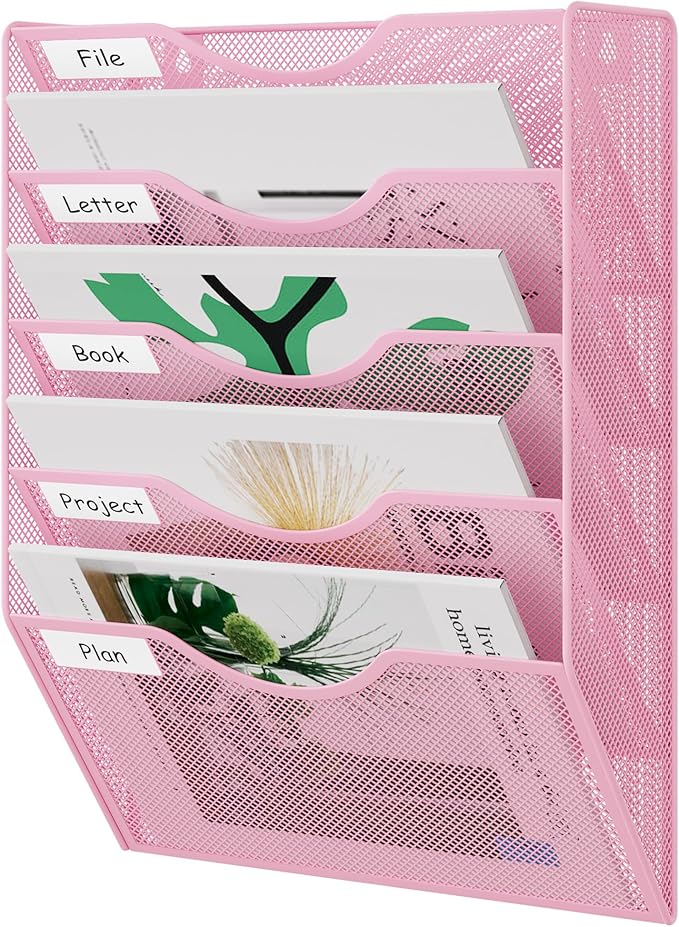 EasyPAG Wall File Organizer 5 Tier Hanging Paper Folder Holder, Zero Assembly Metal Mesh Wall Mounted Mail Organizer for Office Home Classroom Narrow Spaces, Pink
