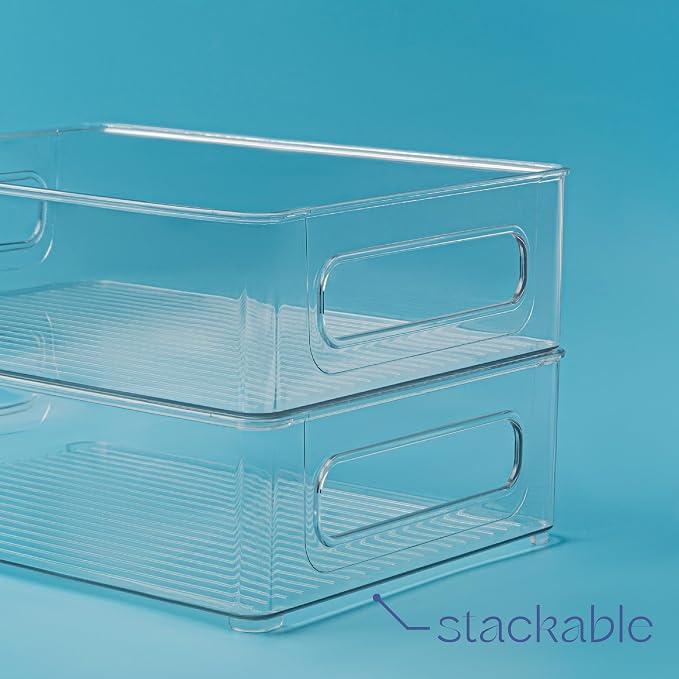 Plastic Food Storage 8 Pack Clear Container Bin with Handles for Organizing Kitchen, Pantry, Refrigerator, Freezer, Pantry, Cabinet, Closet, Bathroom. Stackable 10”x6”x3”