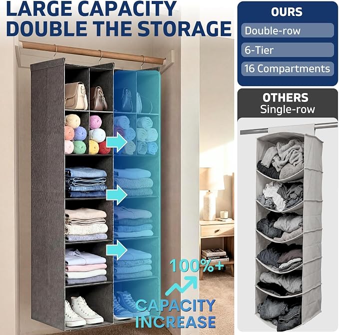 Ofiray-home 6 Tier Hanging Closet Organizer, 16 Compartments Sweater Organizer for Closet with 3 Sturdy Hooks, Closet Organizers and Storage, Wardrobe, Rv, Garment Rack, Grey