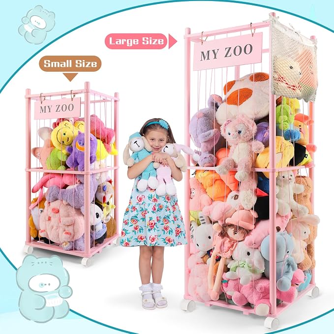 GLDZI Stuffed Animal Storage Zoo with Wheels, Wooden Stuffed Animal Organizer with Elastic Cords, Space Saving Toy Plushies Storage Holder for Playroom, Bedroom, Living Room(Pink, Large)