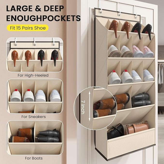 Mefirt Over the Door Shoe Rack for Closet Fit 18+ Pairs, Door Shoe Organizer with Large Breathable Pockets, Hanging Shoes Rack Fit Boots, Behind the Door Shoe Holder for Categorized Storage, Beige ﻿