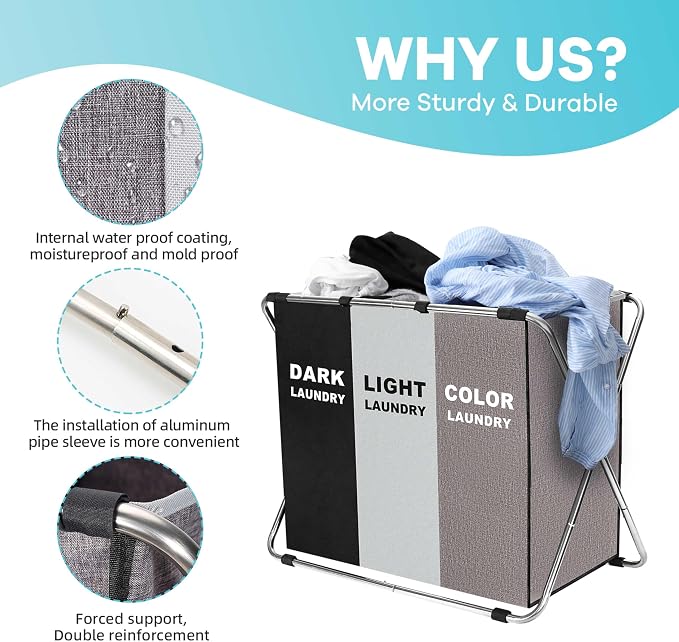 150L Laundry Cloth Hamper Sorter Basket Bin Foldable 3 Sections with stainless steel Frame Washing Storage Dirty Clothes Bag for Bathroom Bedroom Home Storage Basket (Black+Gray+Coffee)