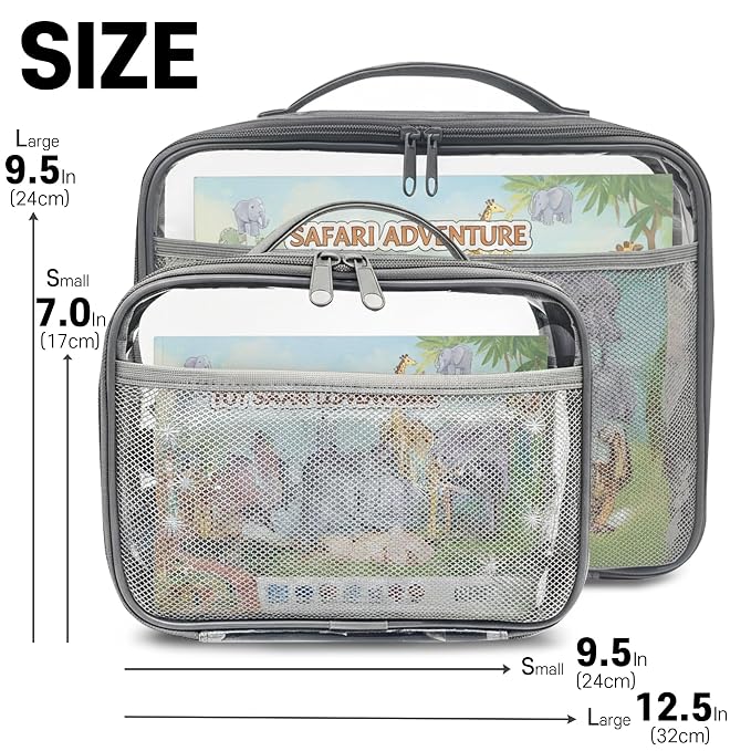holay 4 Packs PVC Toy Storage Organizer with Zipper, Name Tag & Manual Pocket, Clear Durable Case for Blocks, Clay, Board Games, Travel (Gray, Small)