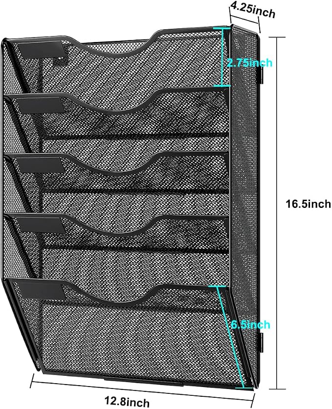PAG Hanging Wall File Holder, 5 Tier Mail Sorter for Wall, Mesh Office Wall Organizer For Papers/Folders/Files Clipboard & Magazine, Black