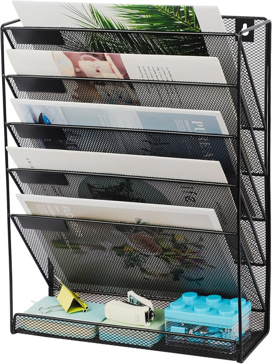 EASEPRES 5+1 Tier Mesh Desk File Organizer, Hanging Wall Mount Document Organization Stand, Desktop Vertical Mail Paper Folder Holder Rack with Bottom Tray for Office Home Cubicle, Black