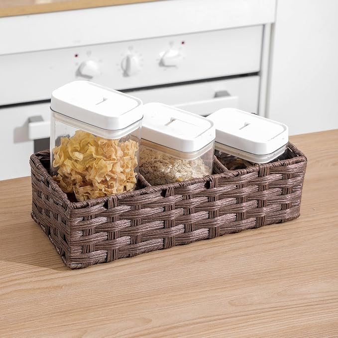 Toilet Tank Topper Paper Basket Multiuse Hand Woven Plastic Wicker Basket Bins with Divider for Shelves Rustic Farmhouse Bathroom Decor Countertop Organizer Storage