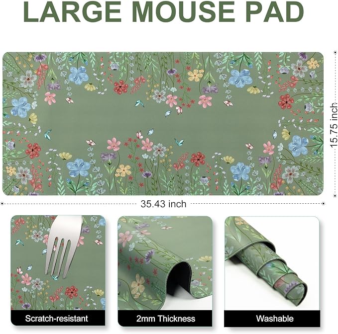 L-SPOUTTO Green Floral Desk Mat for Keyboard and Mouse,XXL Large Mouse Pad | Cute Non-Slip Keyboard Pad Waterproof Desktop Mat for Laptop Computer Work Game Home Office