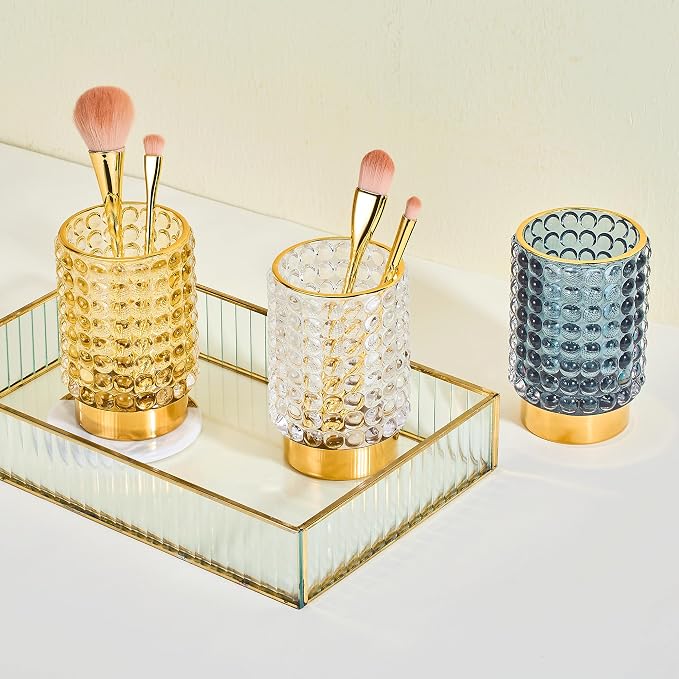 Makeup Brush Holder Organizer,Toothbrush Holders,Desk Pen Pencil Holder,Multifunctional Vintage Glass Brush Cup(A38-3-US/Gold/L)