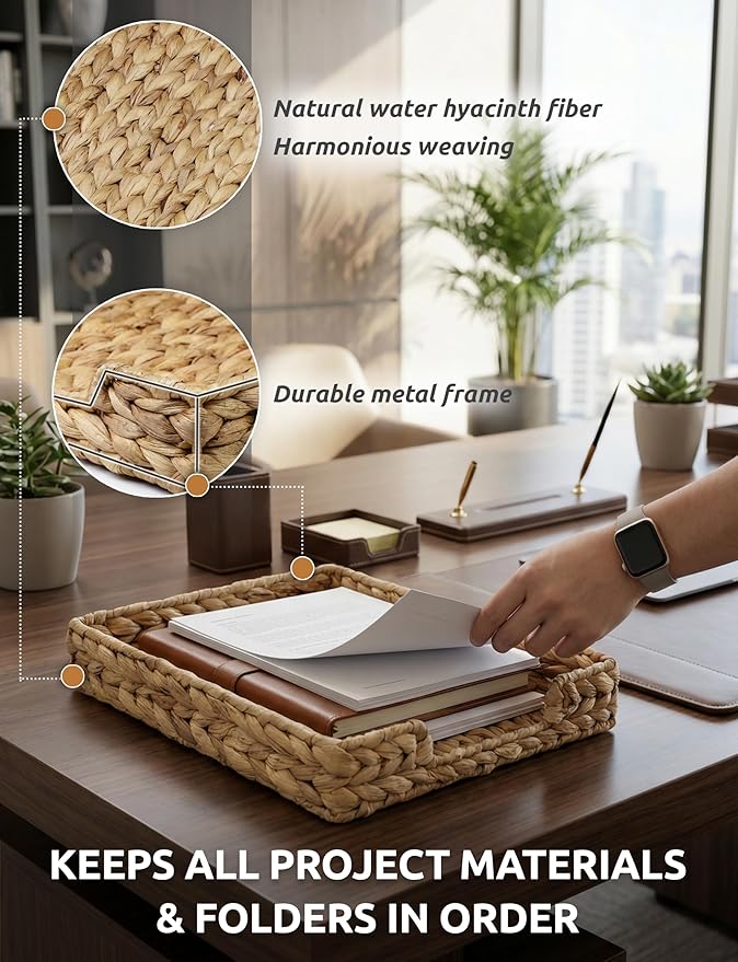 Demigo Water Hyacinth File Folder Holder - Desk Organizer for Letter Paper, Mail, A4 File - Sturdy Woven Letter Tray, Paper Basket with Metal Frame, Office Decor & Magazine Sorter