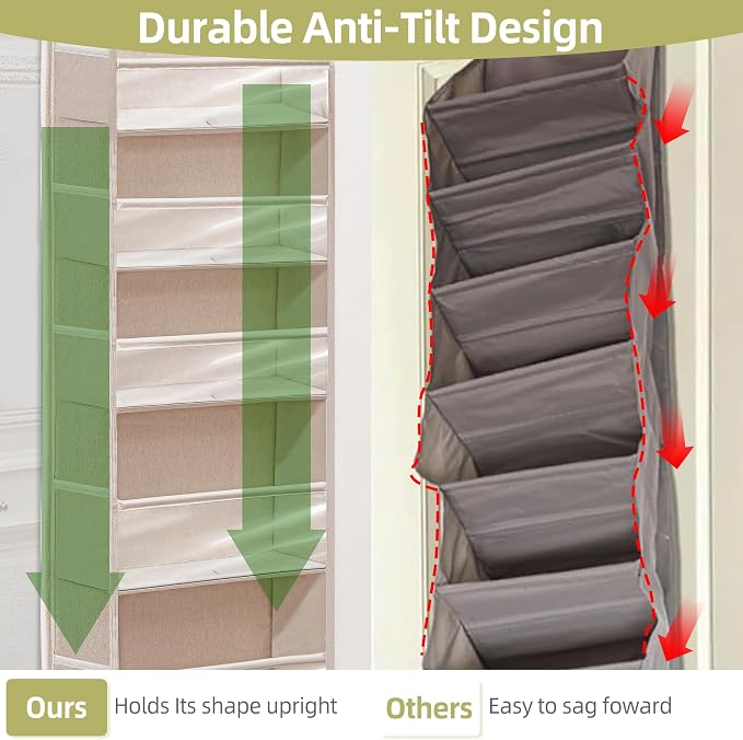 Over Door Organizer with 6 Extra Large Pockets 12 Side Pockets, Sturdy Closet Storage Rack, Hanging Storage Organizer with Clear Window for Shoes, Diaper, Bedroom, Bathroom, Beige, 6-Pack