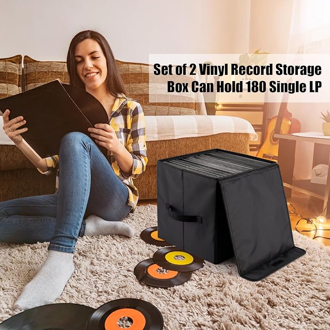 alavisxf xx 12-inch Vinyl Record Storage Box, Nylon Foldable and Stackable Set of 2 Vinyl LP Storage Organizer Case with Lid and Handles Can Hold 180 Single Record (12-inch) | Durable Nylon, Holds 180 Records(90 each), LP Record Organizer, Foldable, Po...