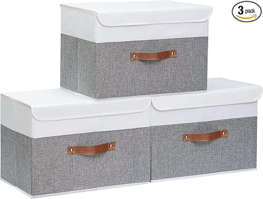 Yawinhe Storage Boxes with Lids, Linen Fabric Bin, Cube Organizer Basket, Washable and Leather Handle, for Home, Closet, White/Grey, 15.0''Lx9.8''Wx9.8''H, 3-Pack, USNK024WGL-3