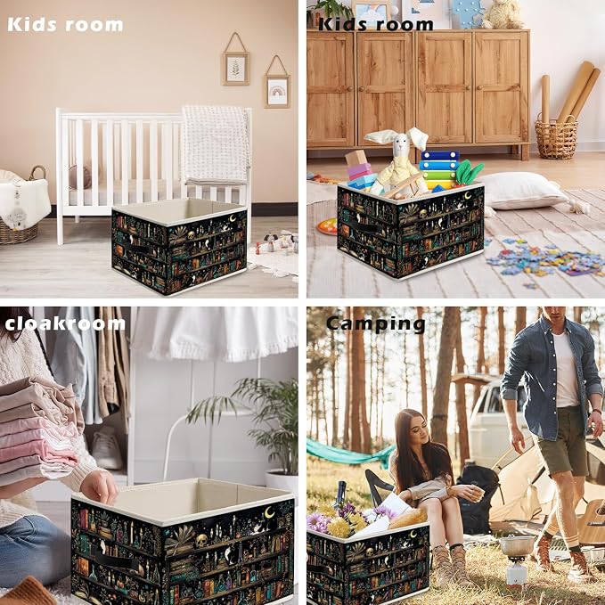 Witchy Gothic Tuxedo Cat Book Storage Bin Box with Handles, Book Reading Lover Decor and Gifts, Dark Academia Bookshelf Foldable Organizer Basket Toybox for Reading Room Library Home Books